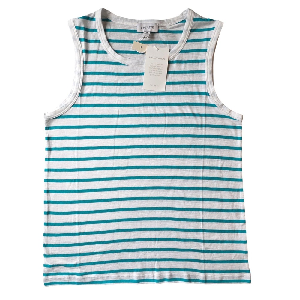 Evereve Pima Cotton Tank Top White Teal Striped Medium NWT Soft